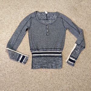 We The Free People Sock Monkey Henley Top Womens S Blue Crochet Sleeves